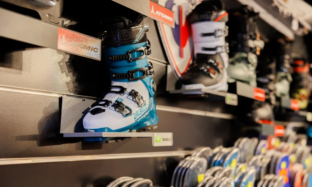 Ski and snowboard boot display in Butternut Ski Shop