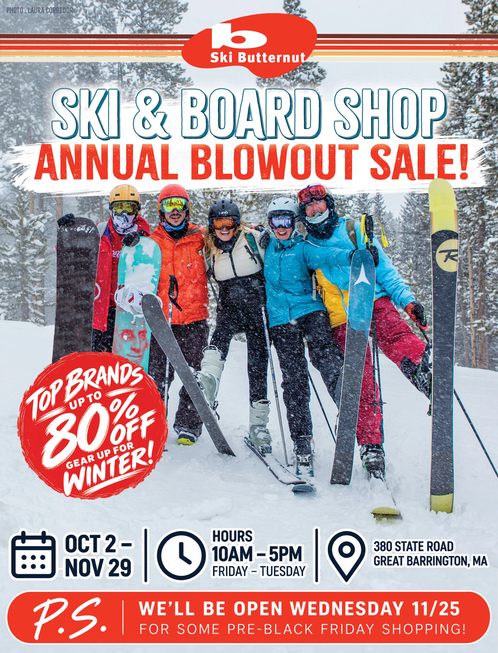 Ski Butternut Annual Blowout Sale | Oct 2 to Nov 29 | Up to 80% Off Gear Five skiers and snowboarders in winter gear pose with skis and snowboards beneath a large headline reading "SKI & BOARD SHOP ANNUAL BLOWOUT SALE" and a red circular "up to 80% off" badge.